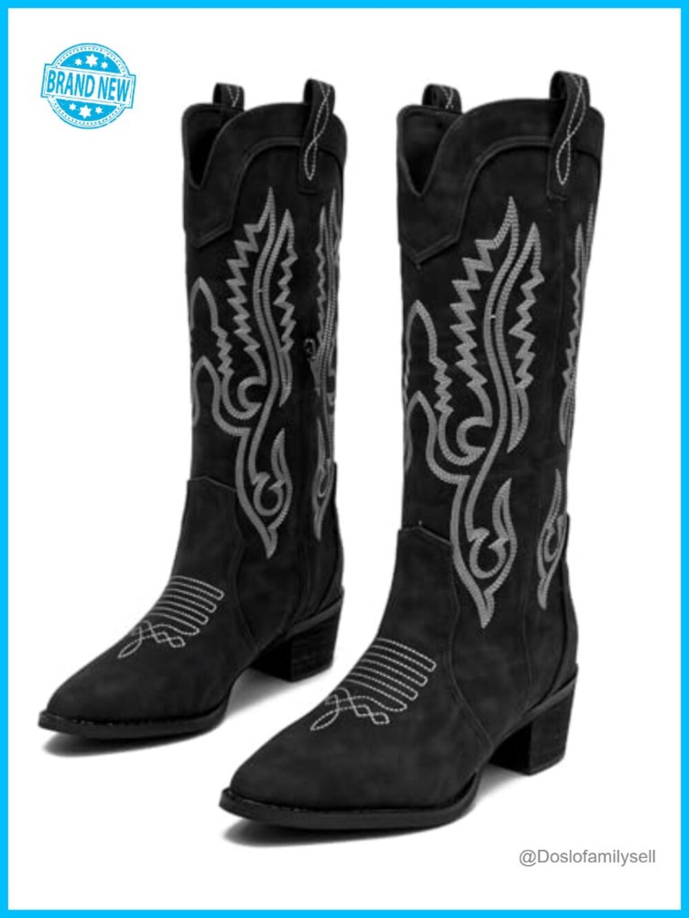 Faux Leather Knee High Cowboy Boots Pointed Toe Chunky Heel Pull On
